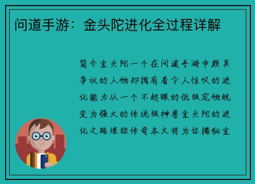 问道手游：金头陀进化全过程详解